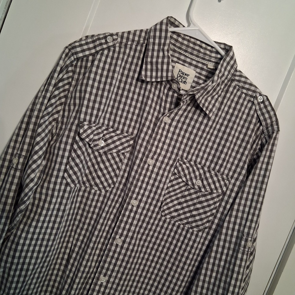 Paper Denim & Cloth Button Down Men L Gray Gingham Epaulette Workwear Casual